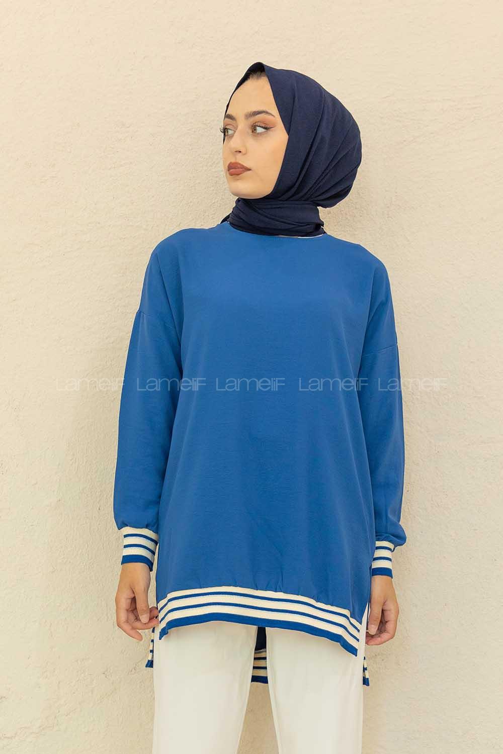 Modalamelif Bisiklet Yaka Şerit Detaylı Tunik İndigo