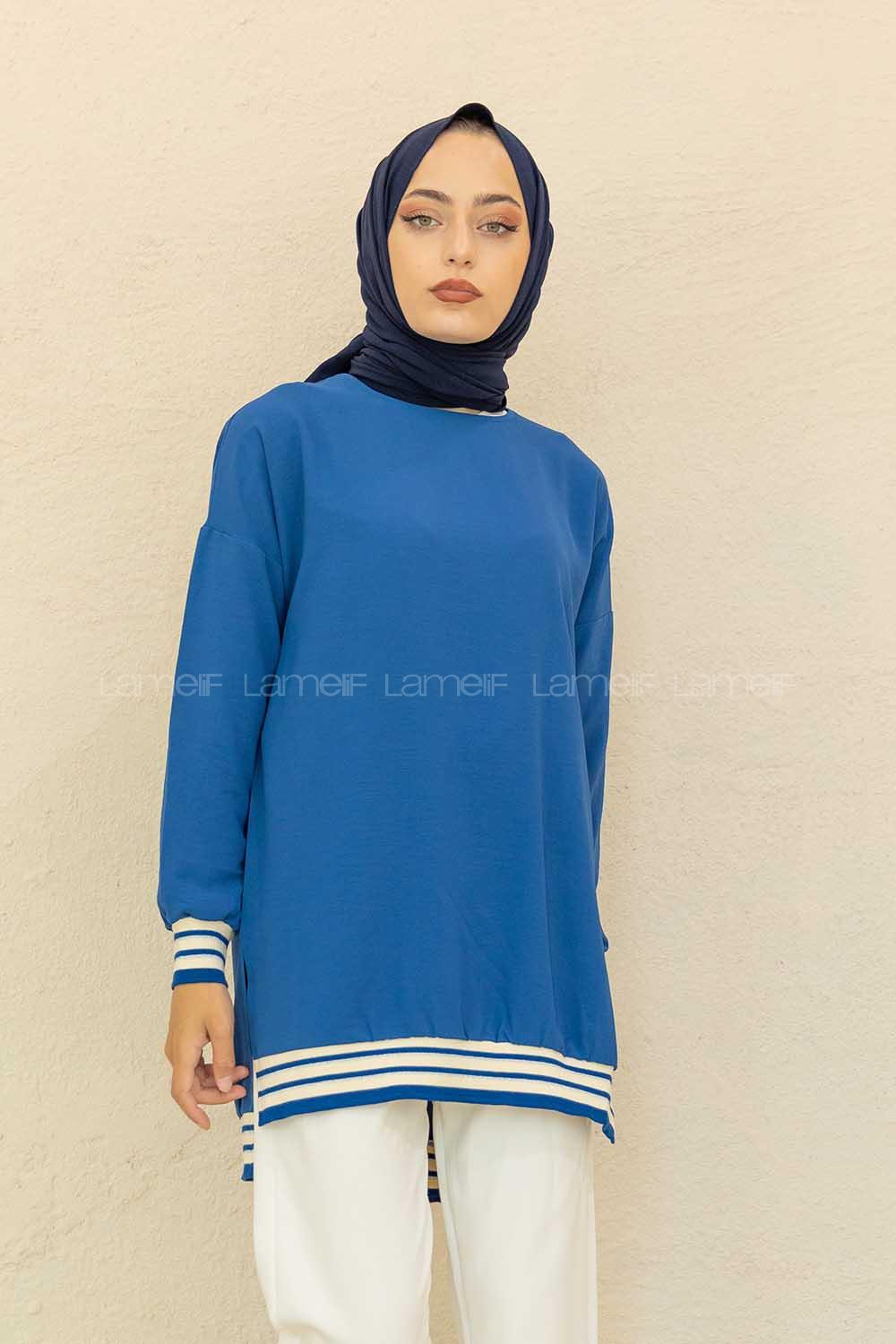 Modalamelif Bisiklet Yaka Şerit Detaylı Tunik İndigo