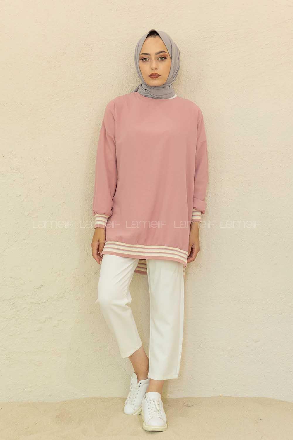 Modalamelif Bisiklet Yaka Şerit Detaylı Tunik Pudra