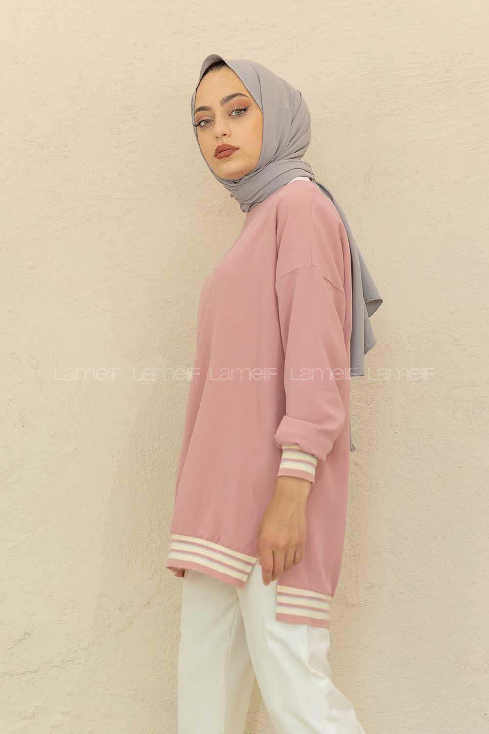 Modalamelif Bisiklet Yaka Şerit Detaylı Tunik Pudra