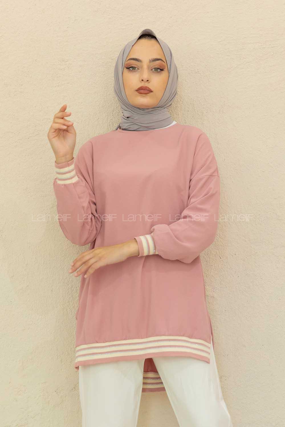 Modalamelif Bisiklet Yaka Şerit Detaylı Tunik Pudra