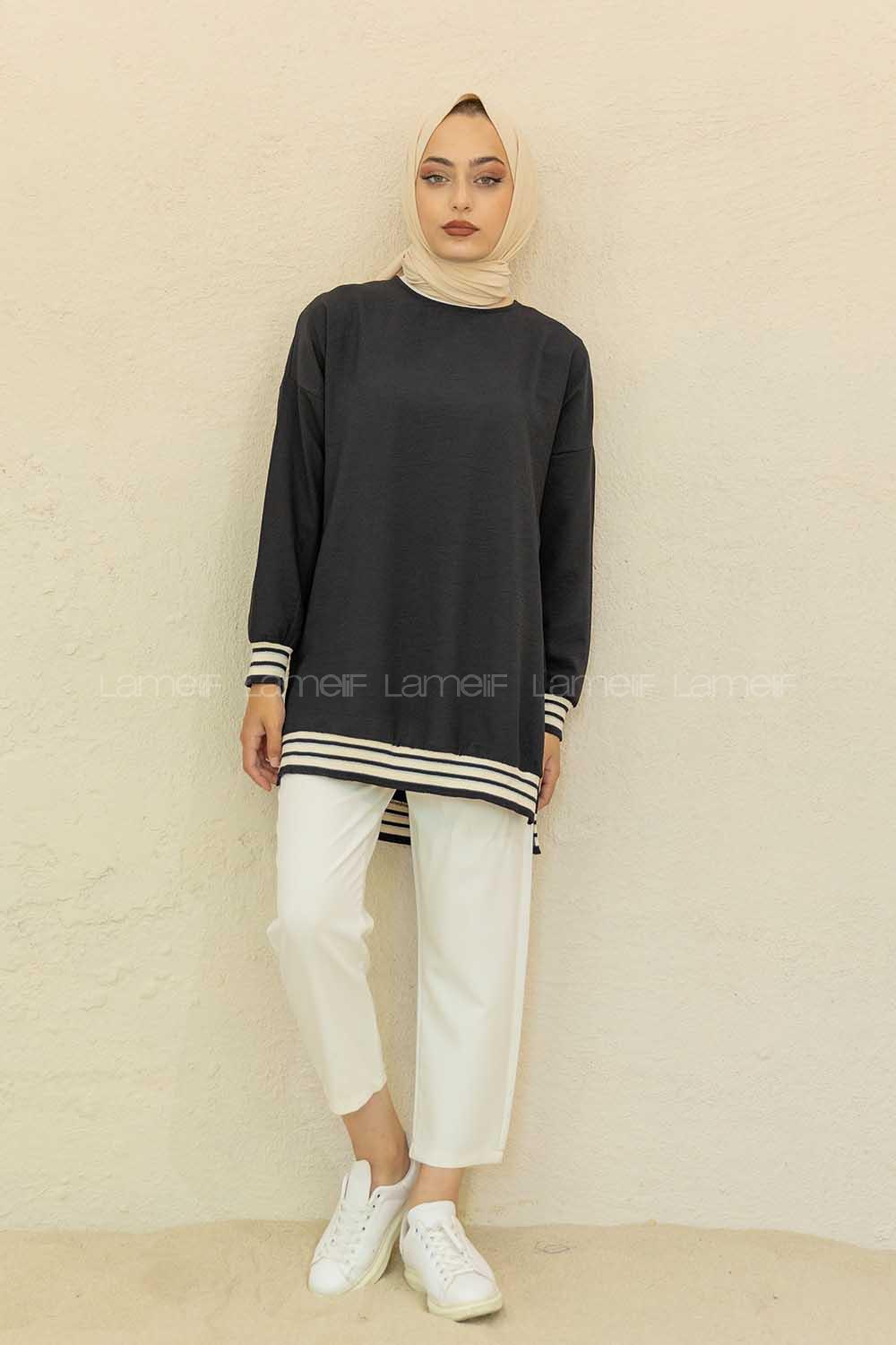 Modalamelif Bisiklet Yaka Şerit Detaylı Tunik Siyah