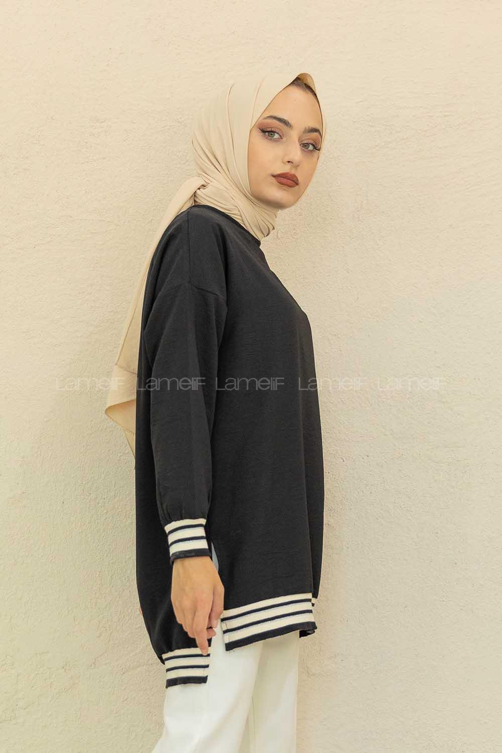 Modalamelif Bisiklet Yaka Şerit Detaylı Tunik Siyah