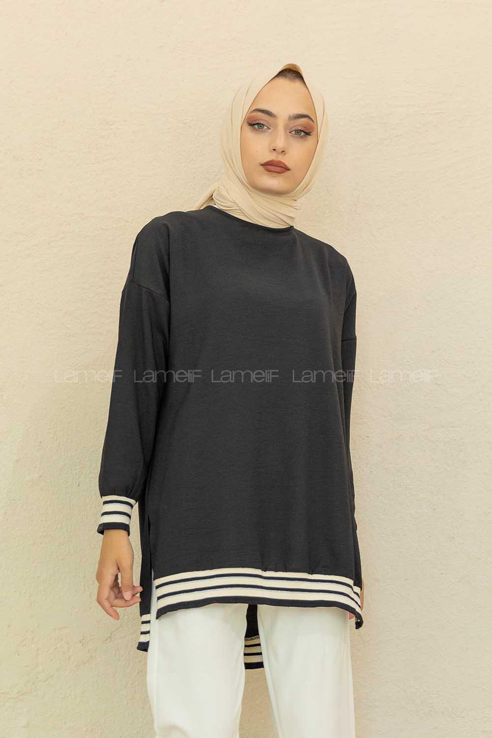 Modalamelif Bisiklet Yaka Şerit Detaylı Tunik Siyah