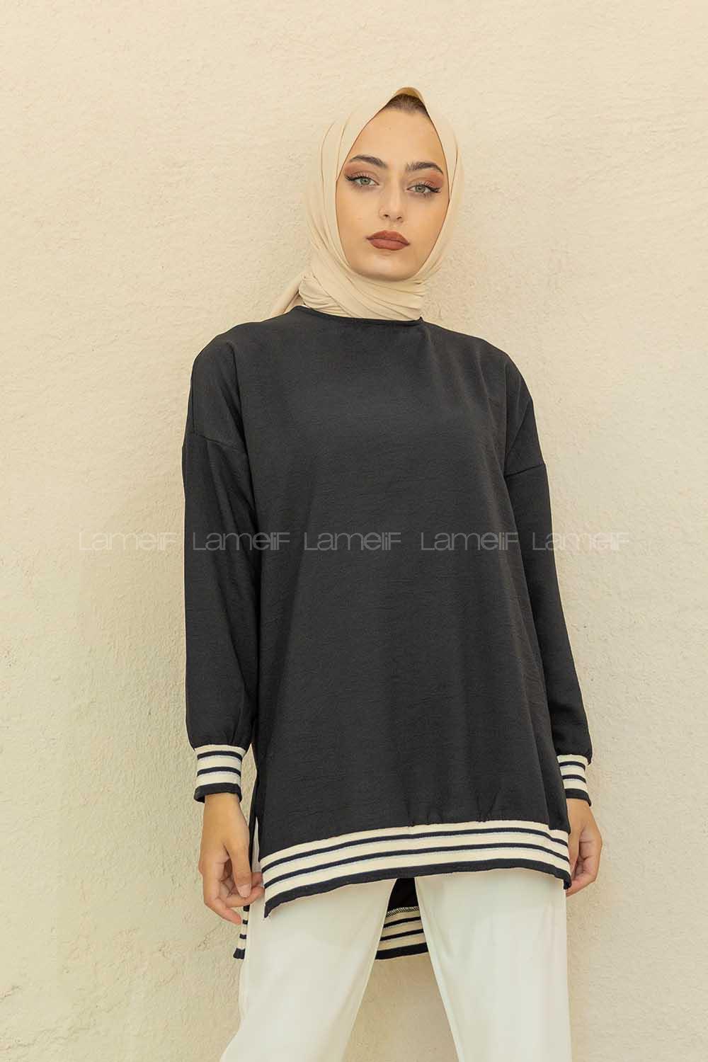 Modalamelif Bisiklet Yaka Şerit Detaylı Tunik Siyah