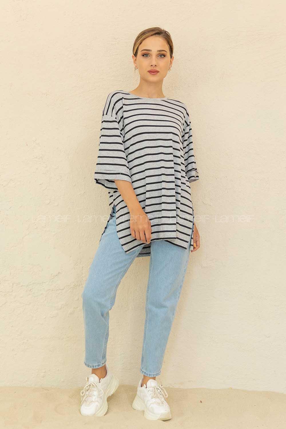 Modalamelif Çizgili T-Shirt Gri