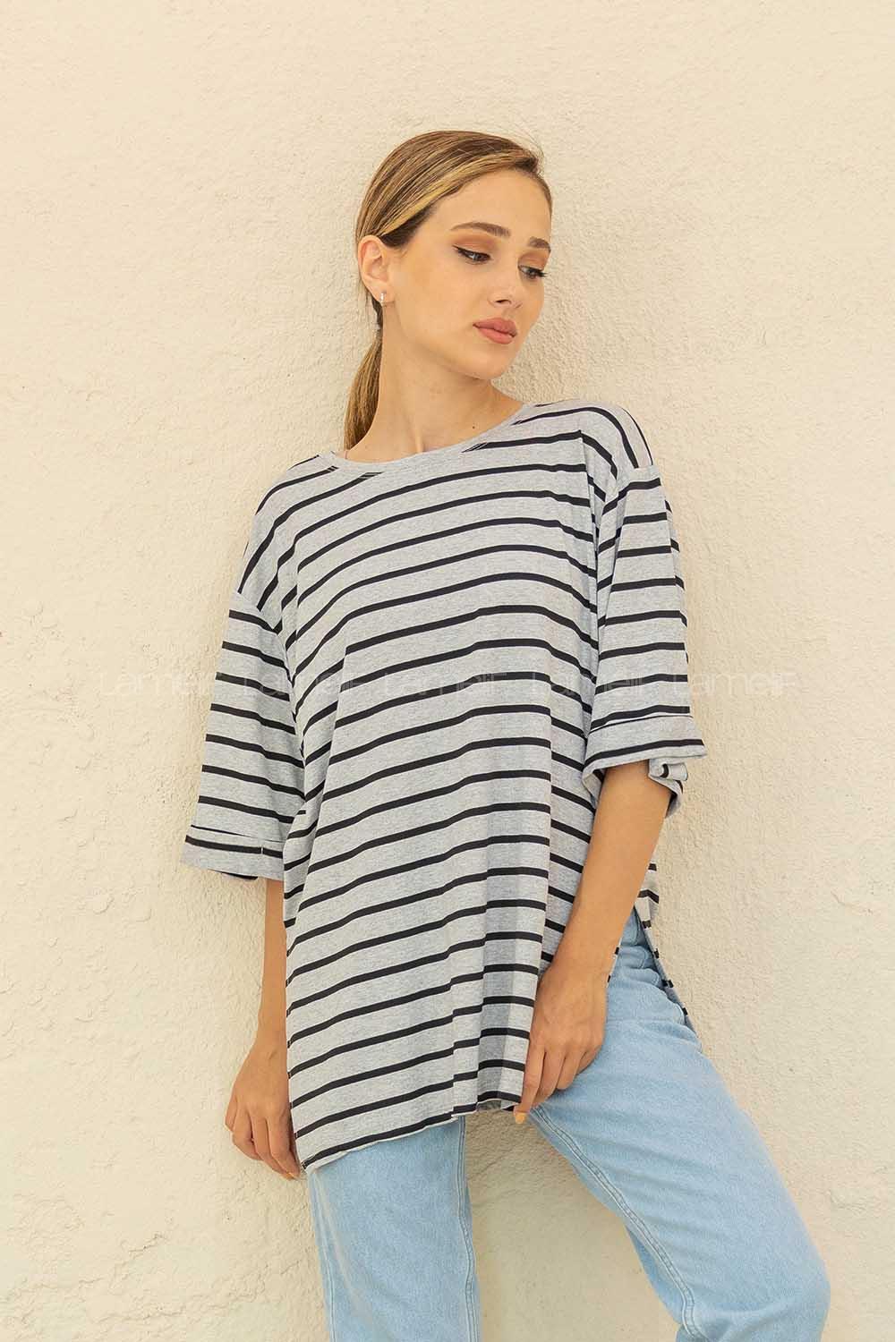 Modalamelif Çizgili T-Shirt Gri