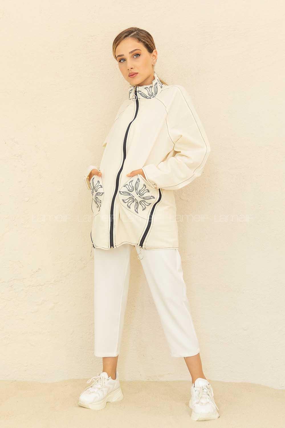 Modalamelif Fermuarlı Desenli Trenç Bej