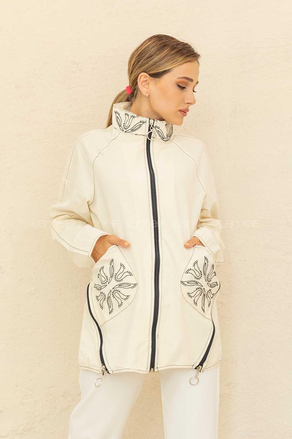 Modalamelif Fermuarlı Desenli Trenç Bej