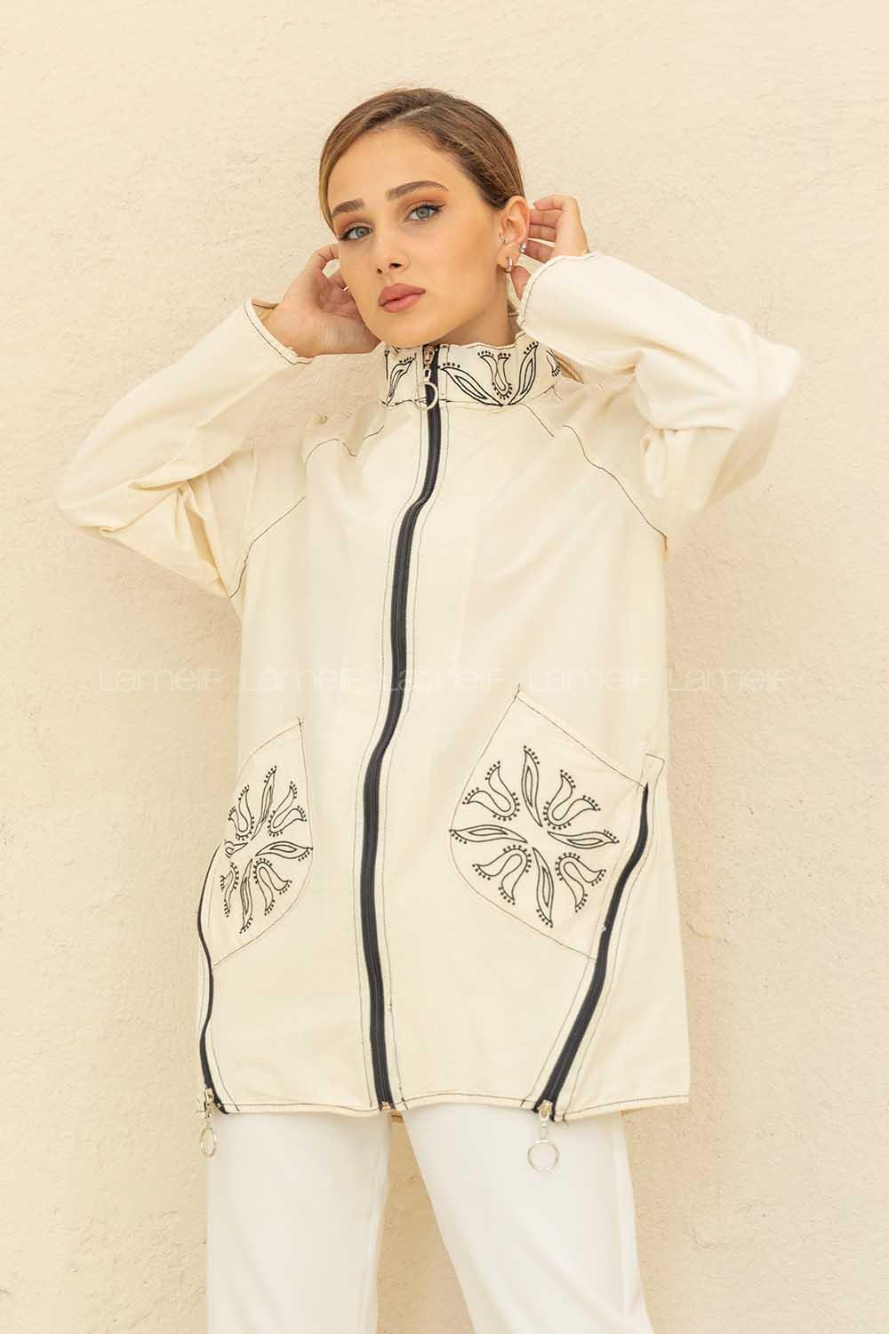 Modalamelif Fermuarlı Desenli Trenç Bej