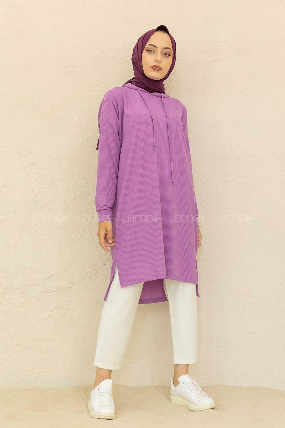 Modalamelif Kapşonlu Düz Renk Kaşkorse Tunik Lila