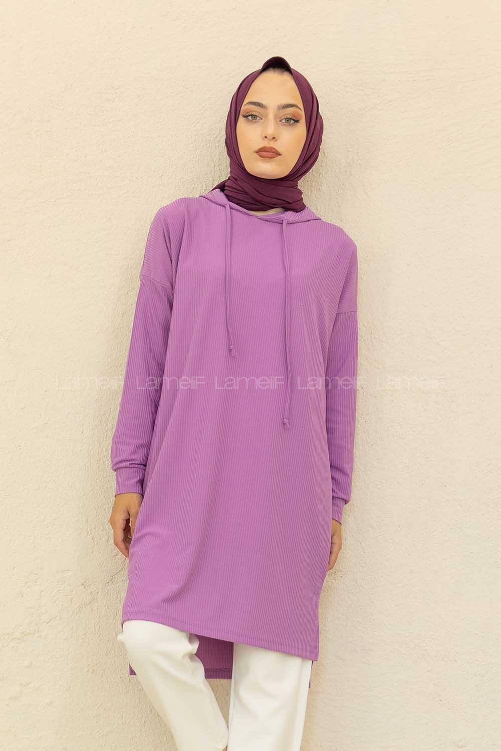 Modalamelif Kapşonlu Düz Renk Kaşkorse Tunik Lila