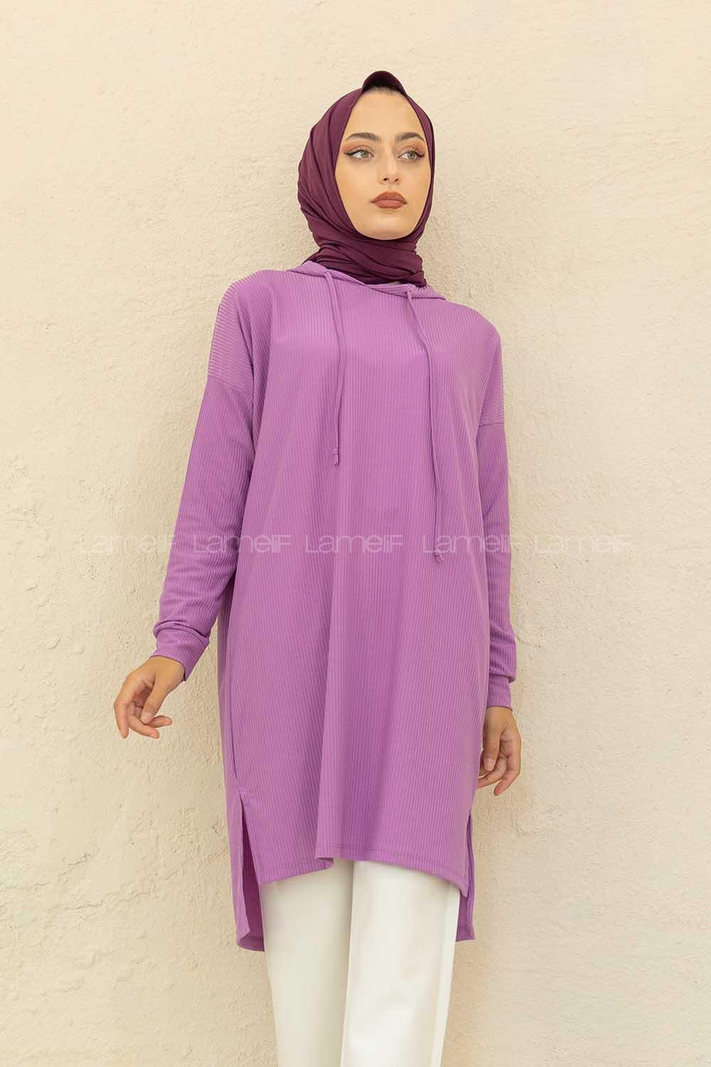 Modalamelif Kapşonlu Düz Renk Kaşkorse Tunik Lila