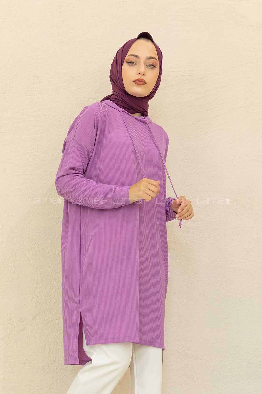 Modalamelif Kapşonlu Düz Renk Kaşkorse Tunik Lila