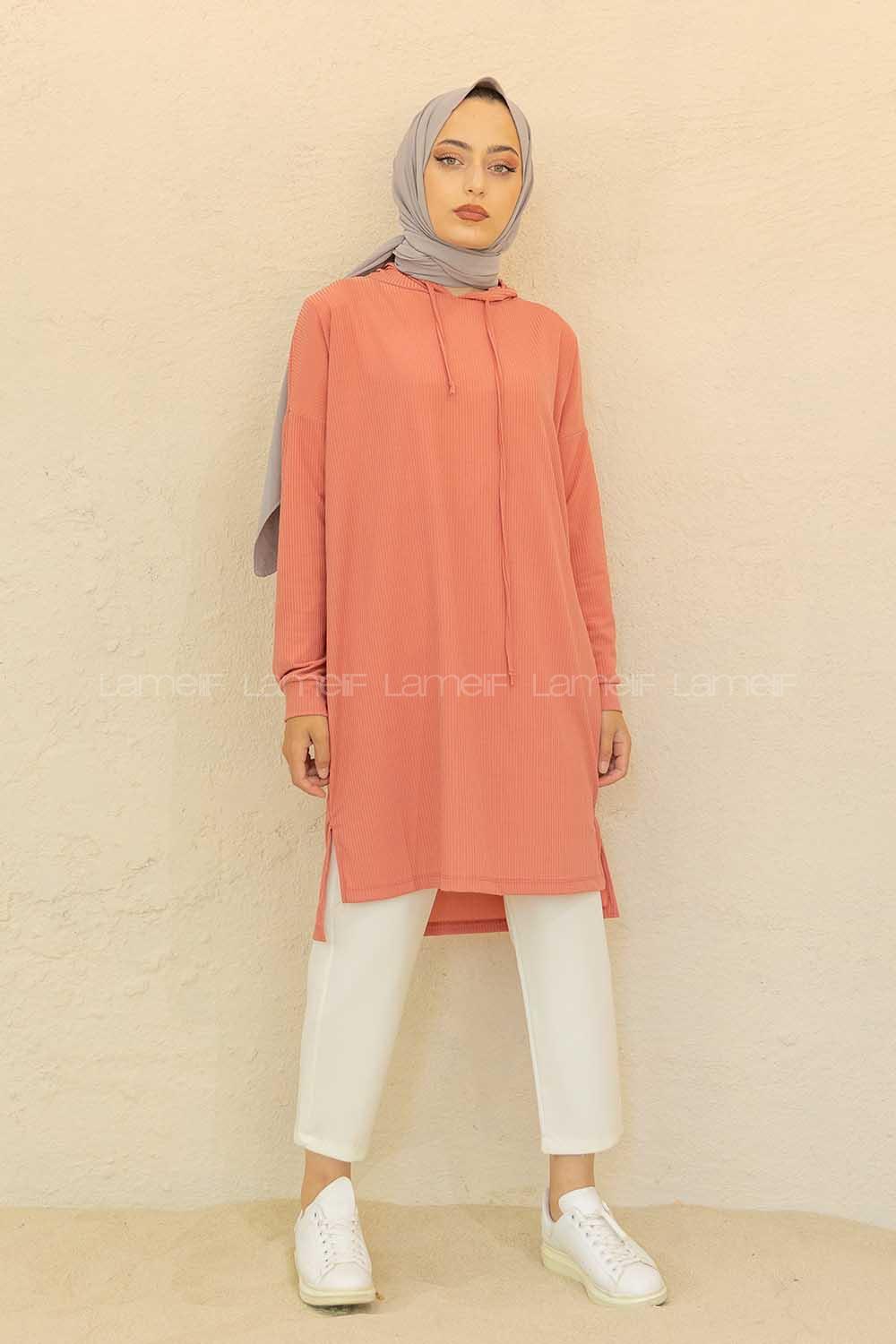Modalamelif Kapşonlu Düz Renk Kaşkorse Tunik Pudra