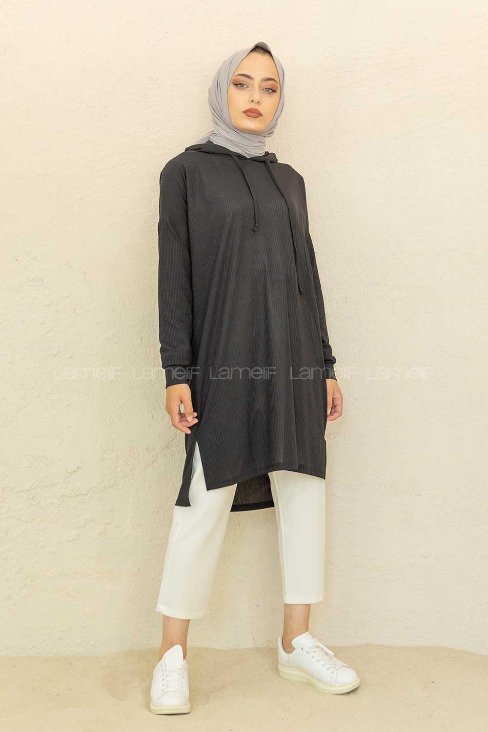 Modalamelif Kapşonlu Düz Renk Kaşkorse Tunik Siyah