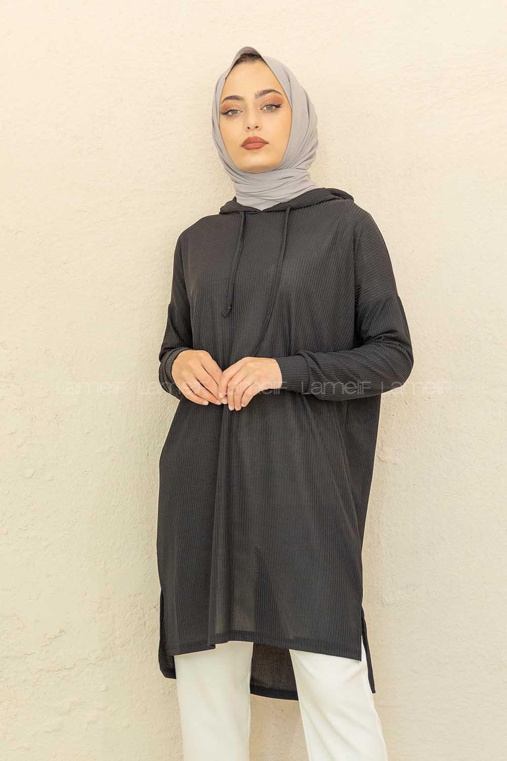 Modalamelif Kapşonlu Düz Renk Kaşkorse Tunik Siyah
