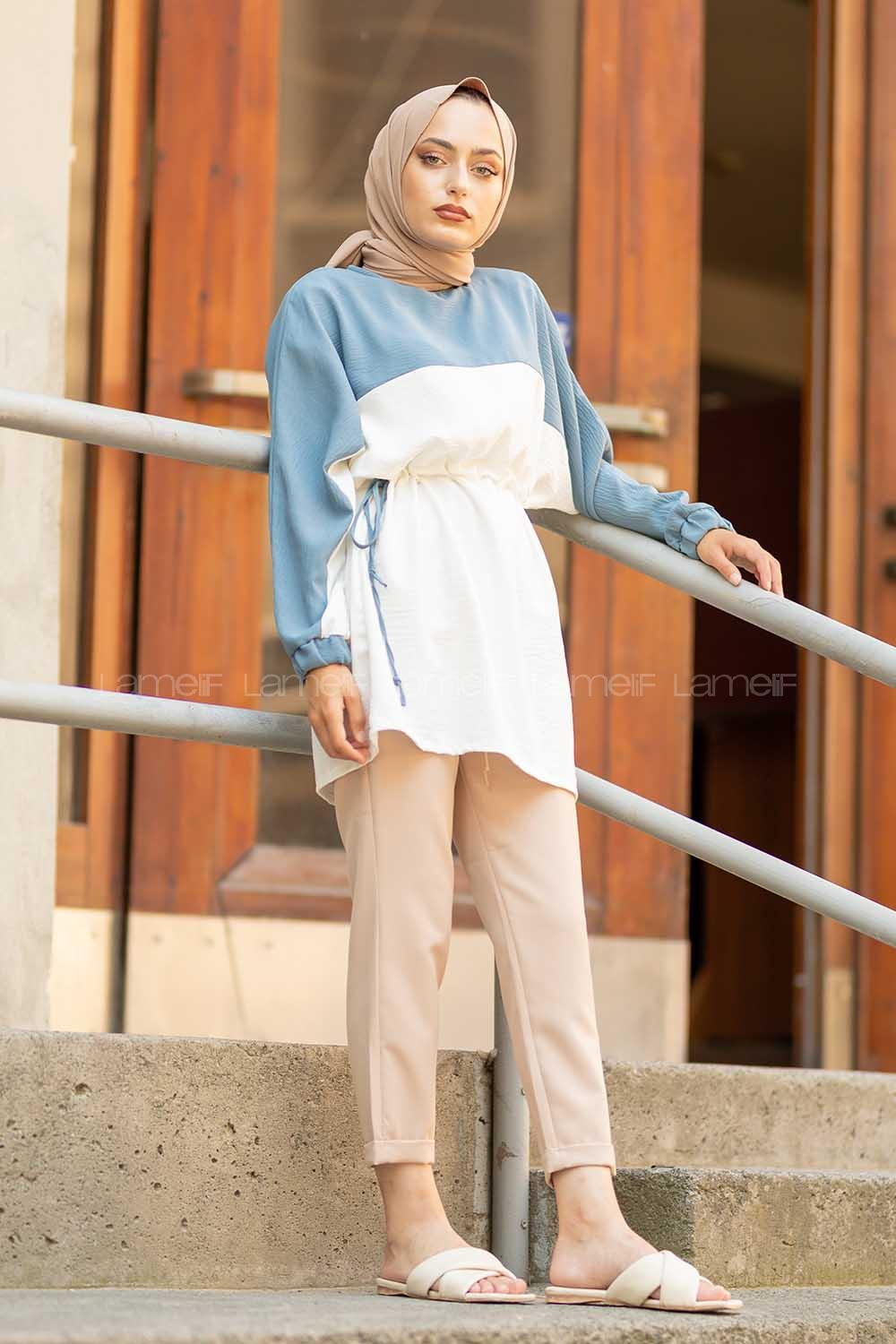 Modalamelif Kol Lastikli Garnili Tunik İndigo