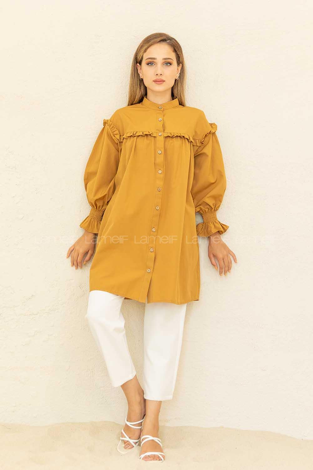 Modalamelif Kol Lastikli Önü Pileli Tunik Camel