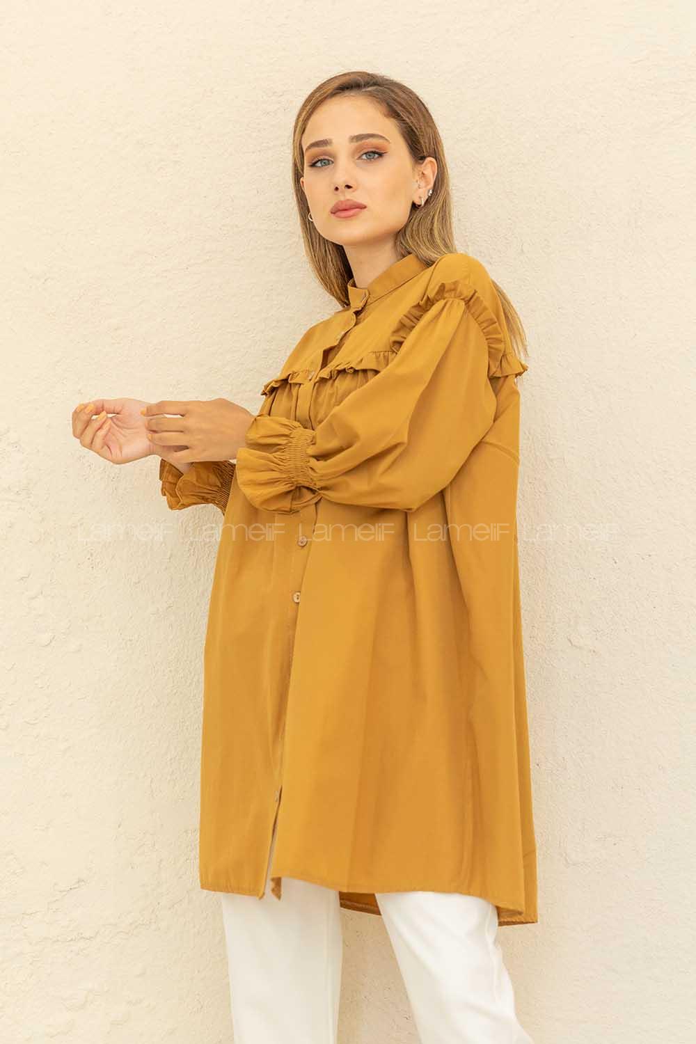 Modalamelif Kol Lastikli Önü Pileli Tunik Camel