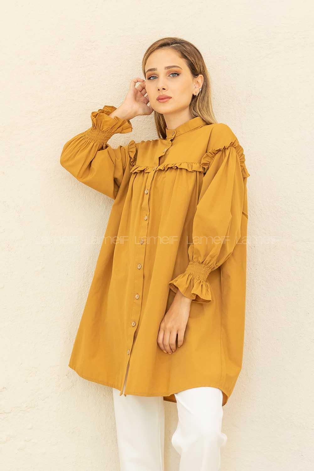 Modalamelif Kol Lastikli Önü Pileli Tunik Camel