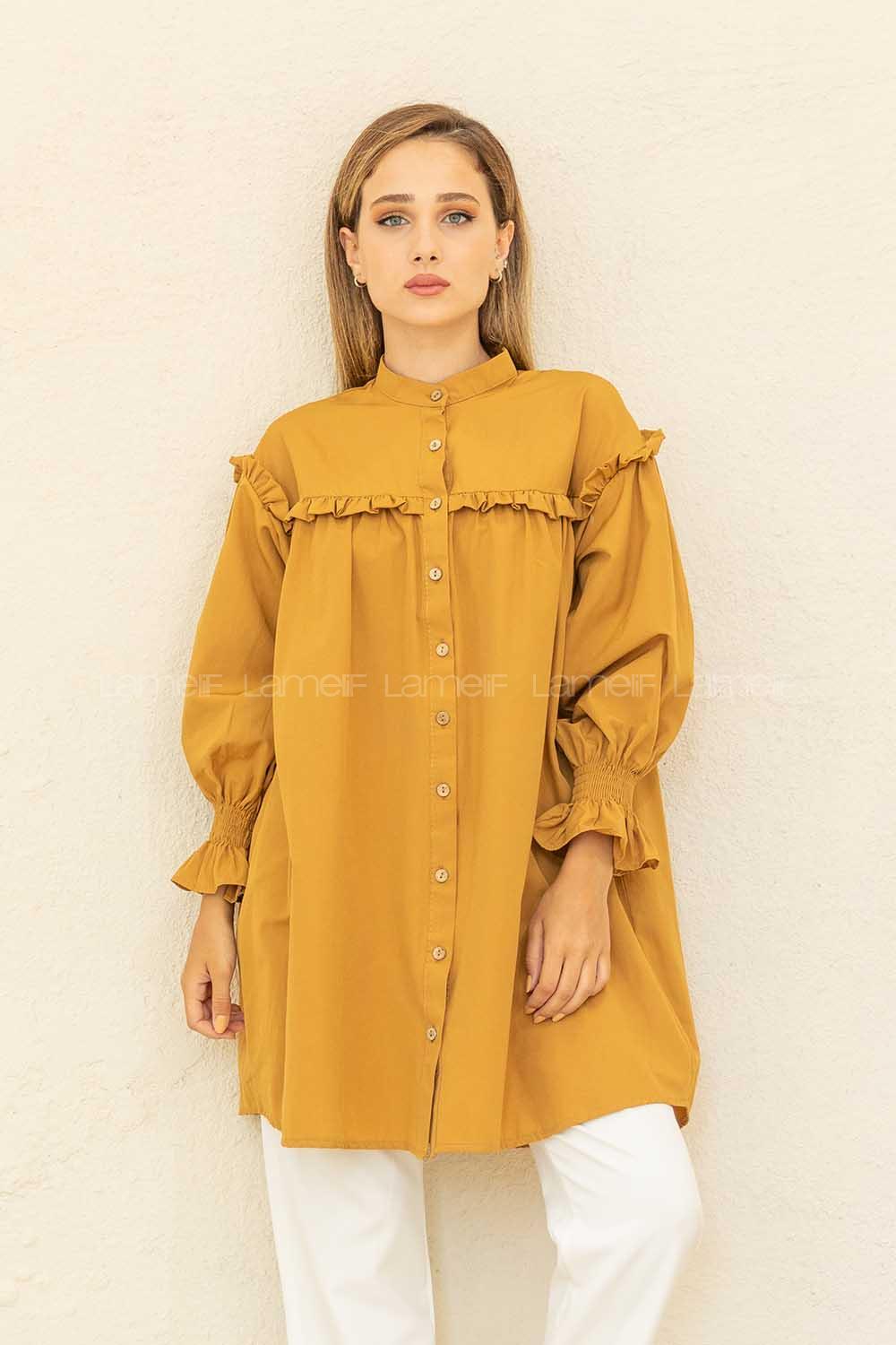 Modalamelif Kol Lastikli Önü Pileli Tunik Camel