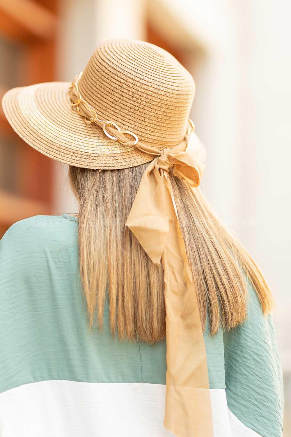 Modalamelif Lora Fularlı Hasır  Şapka Vizonrengi