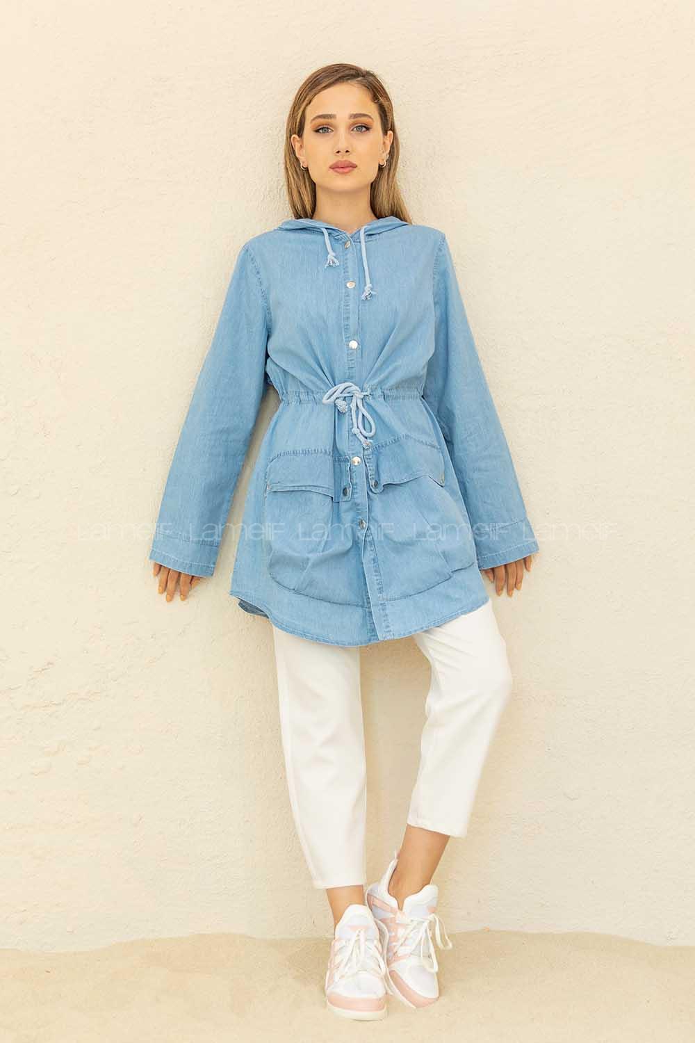 Modalamelif Önü Çıtçıt Düğmeli Kapşonlu Trenç Açık Mavi