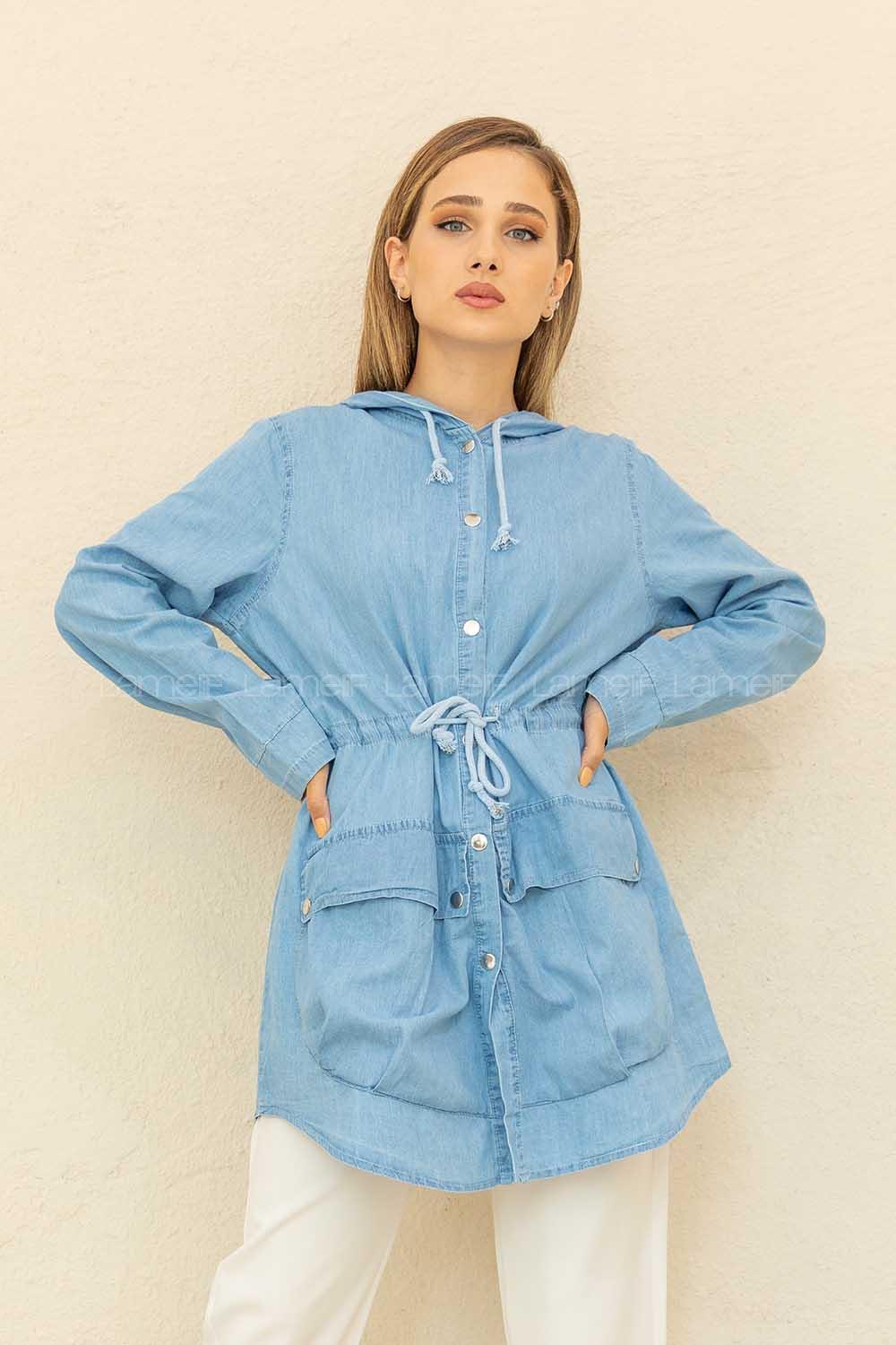 Modalamelif Önü Çıtçıt Düğmeli Kapşonlu Trenç Açık Mavi