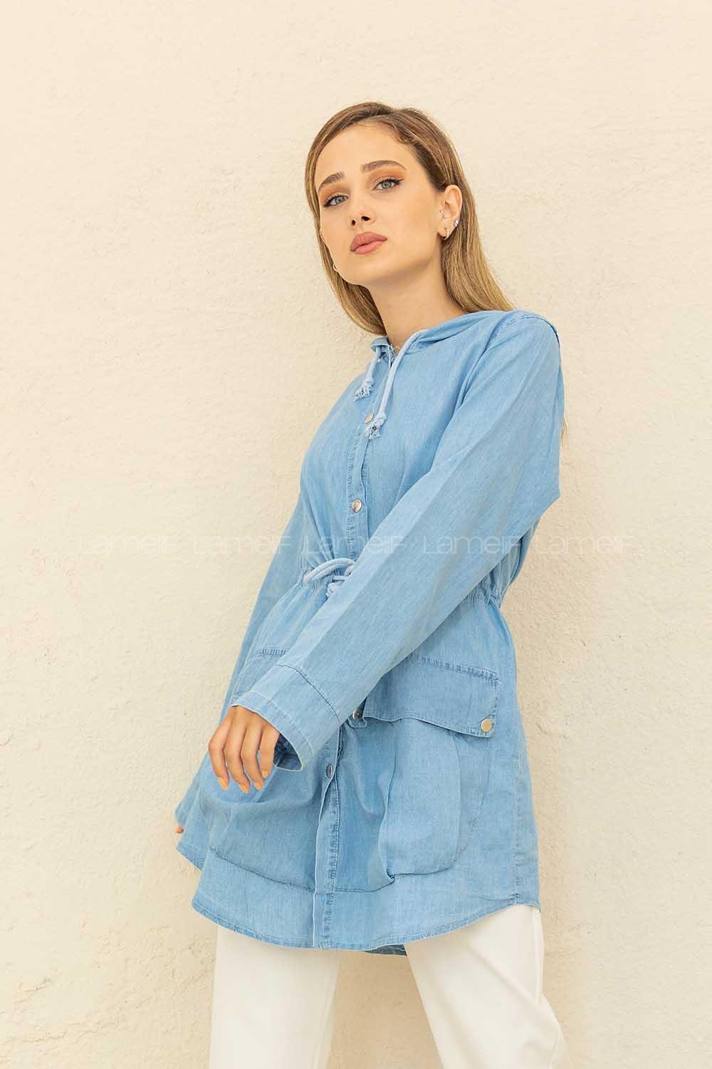 Modalamelif Önü Çıtçıt Düğmeli Kapşonlu Trenç Açık Mavi