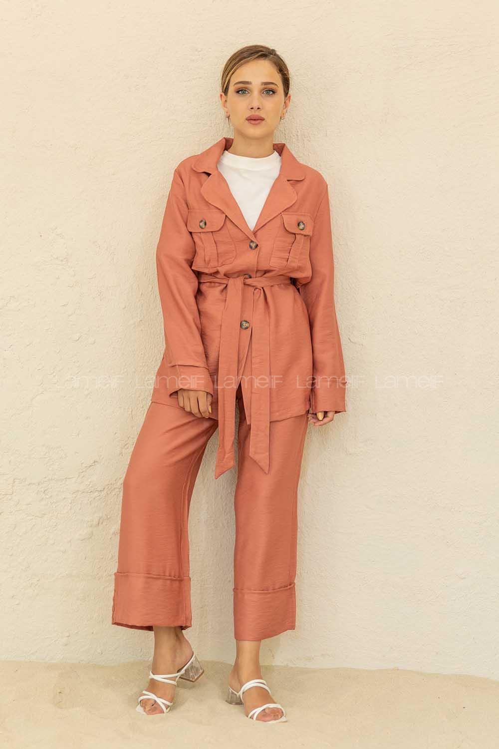 Modalamelif Önü Düğmeli Kuşaklı Takım Gül