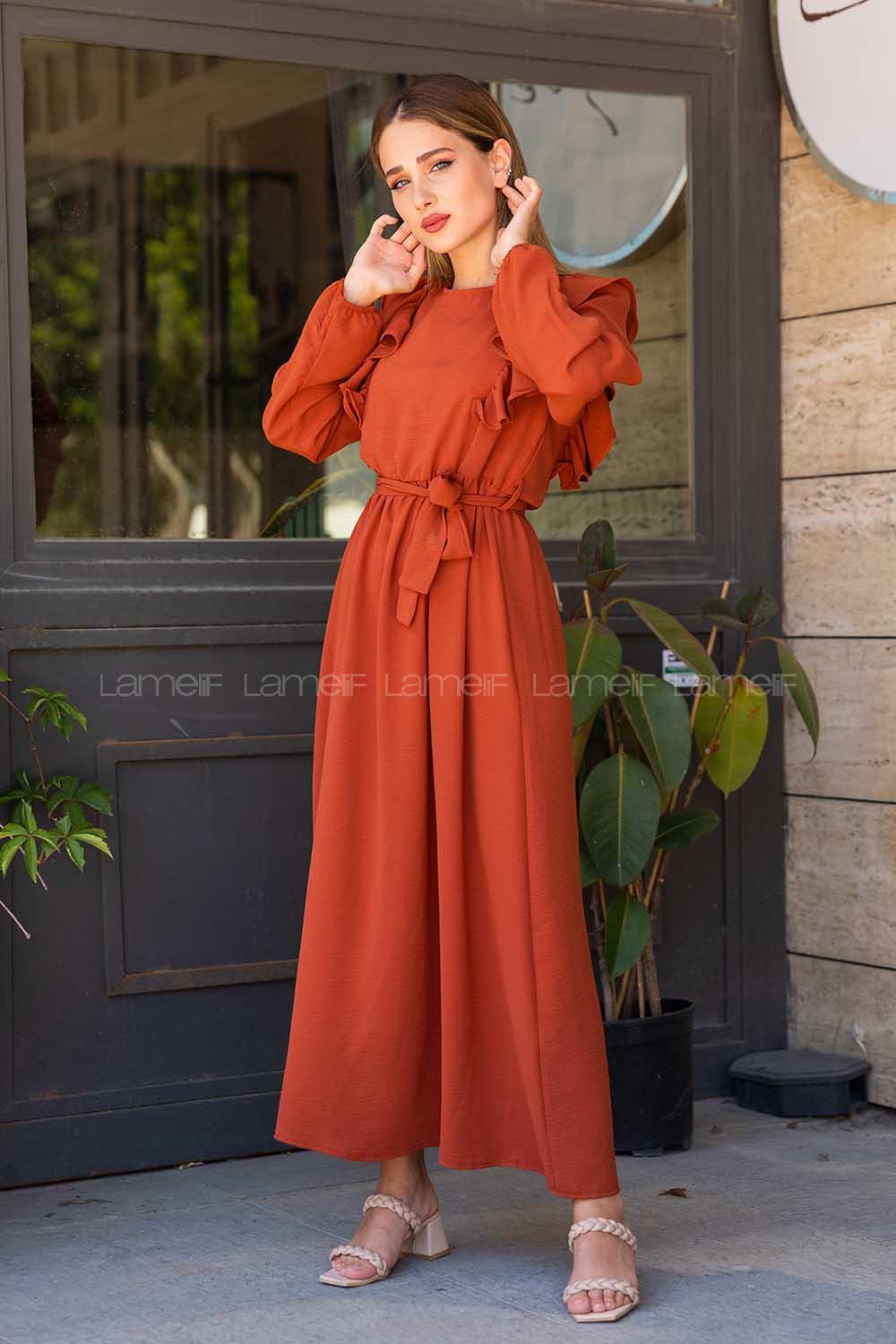 Modalamelif Önü Fırfırlı Ayrobin Elbise Kiremit