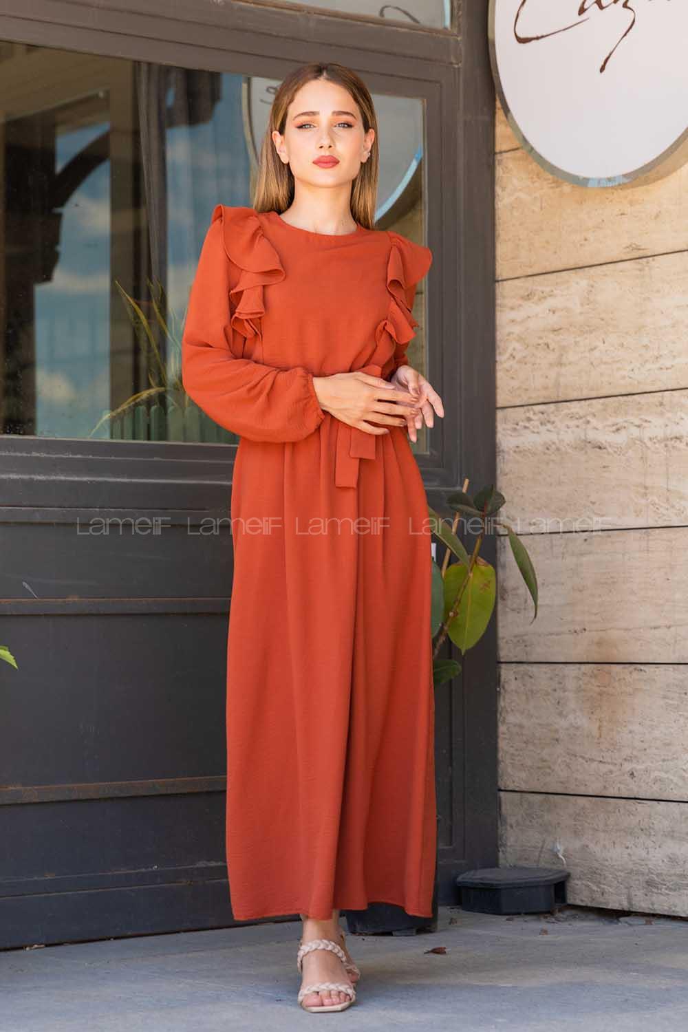 Modalamelif Önü Fırfırlı Ayrobin Elbise Kiremit