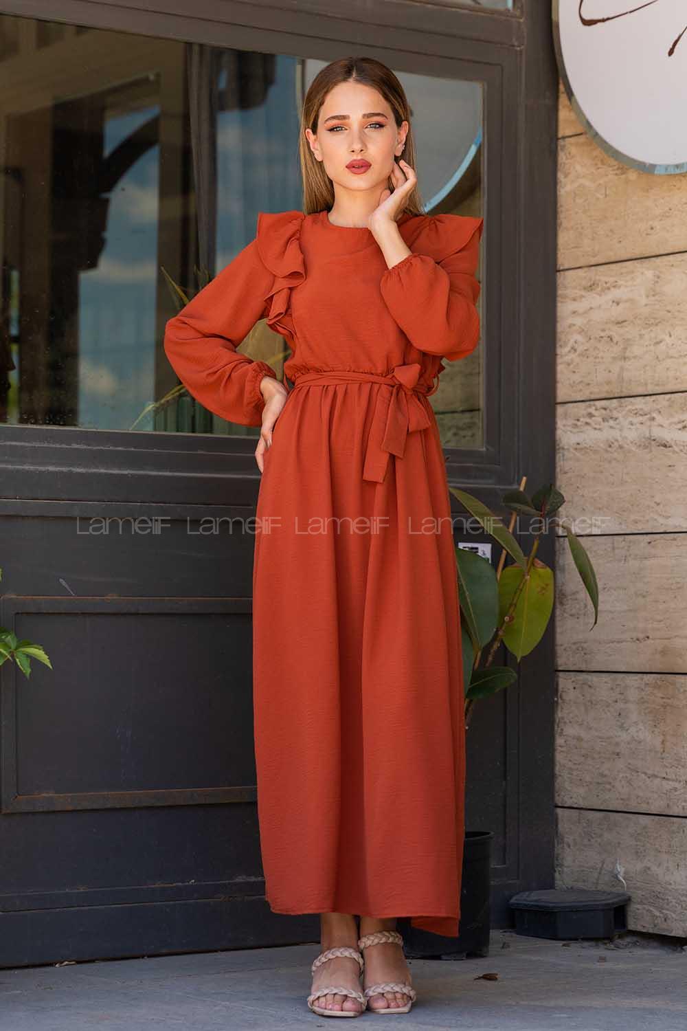 Modalamelif Önü Fırfırlı Ayrobin Elbise Kiremit