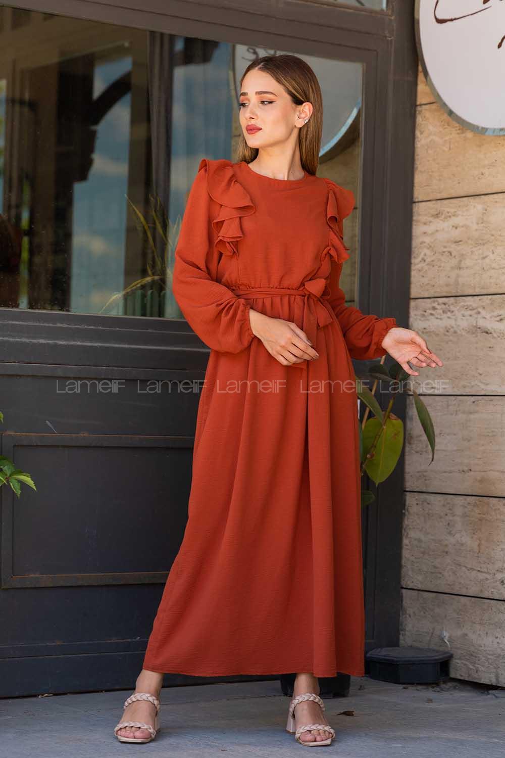 Modalamelif Önü Fırfırlı Ayrobin Elbise Kiremit