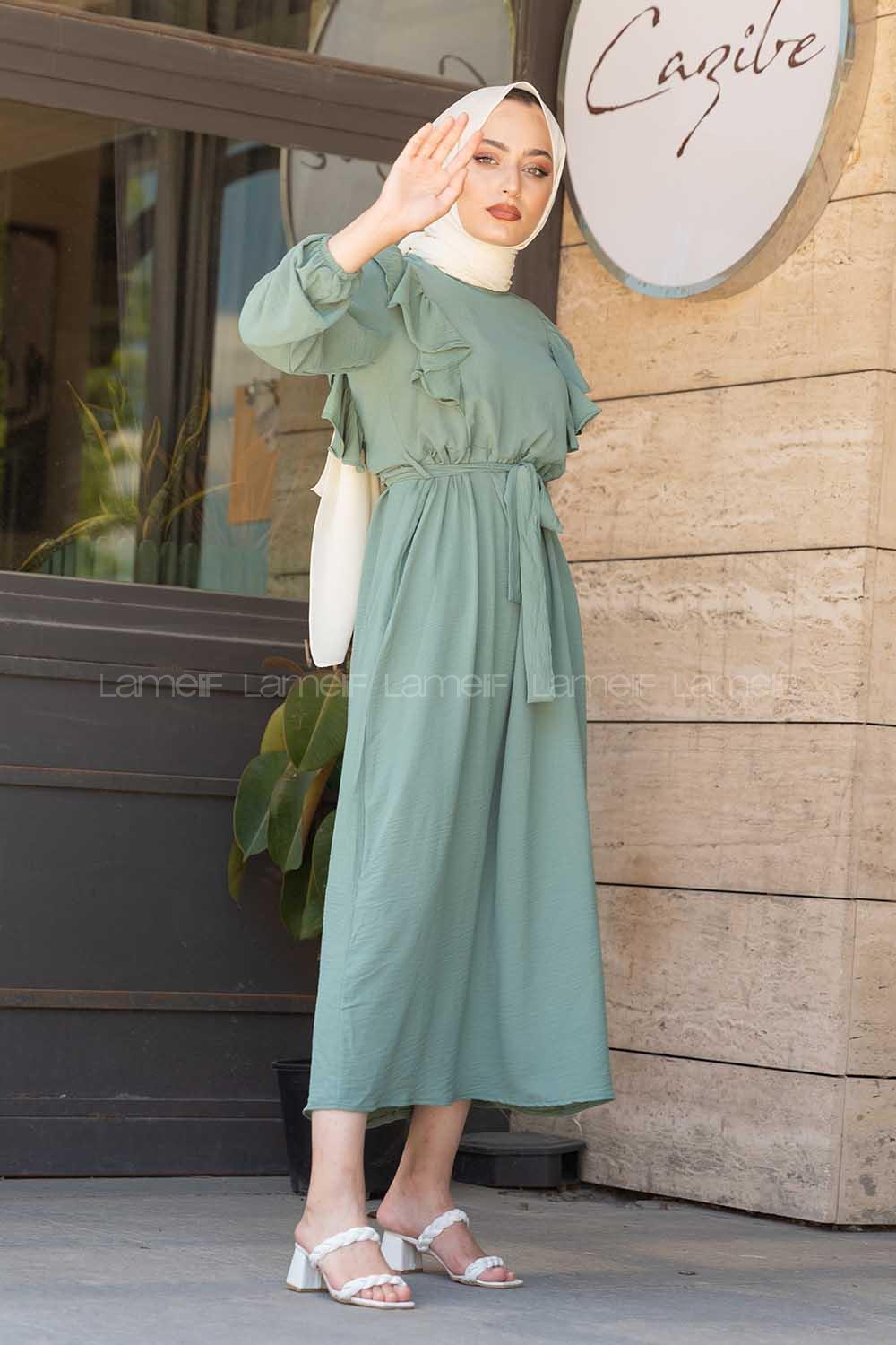 Modalamelif Önü Fırfırlı Ayrobin Elbise Mint Yeşili