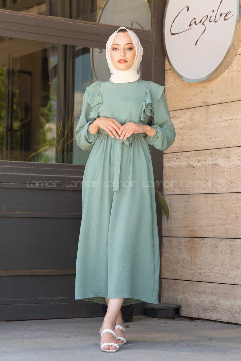 Modalamelif Önü Fırfırlı Ayrobin Elbise Mint Yeşili