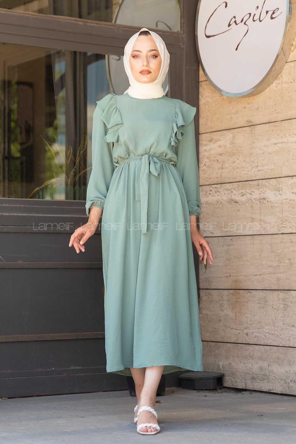 Modalamelif Önü Fırfırlı Ayrobin Elbise Mint Yeşili