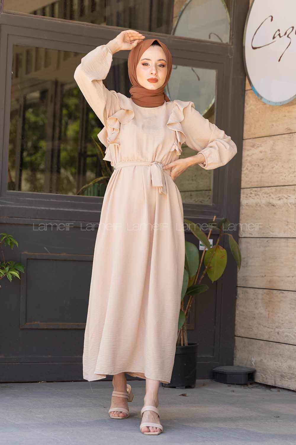 Modalamelif Önü Fırfırlı Ayrobin Elbise Taş Rengi