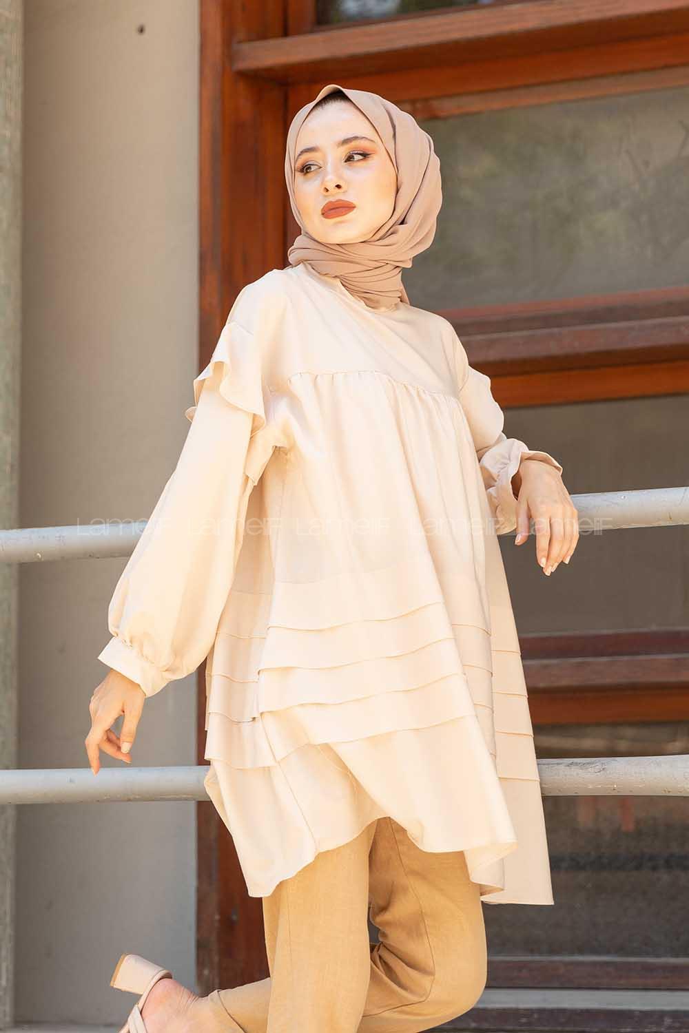 Modalamelif Önü Katlı Salaş Tunik Bej