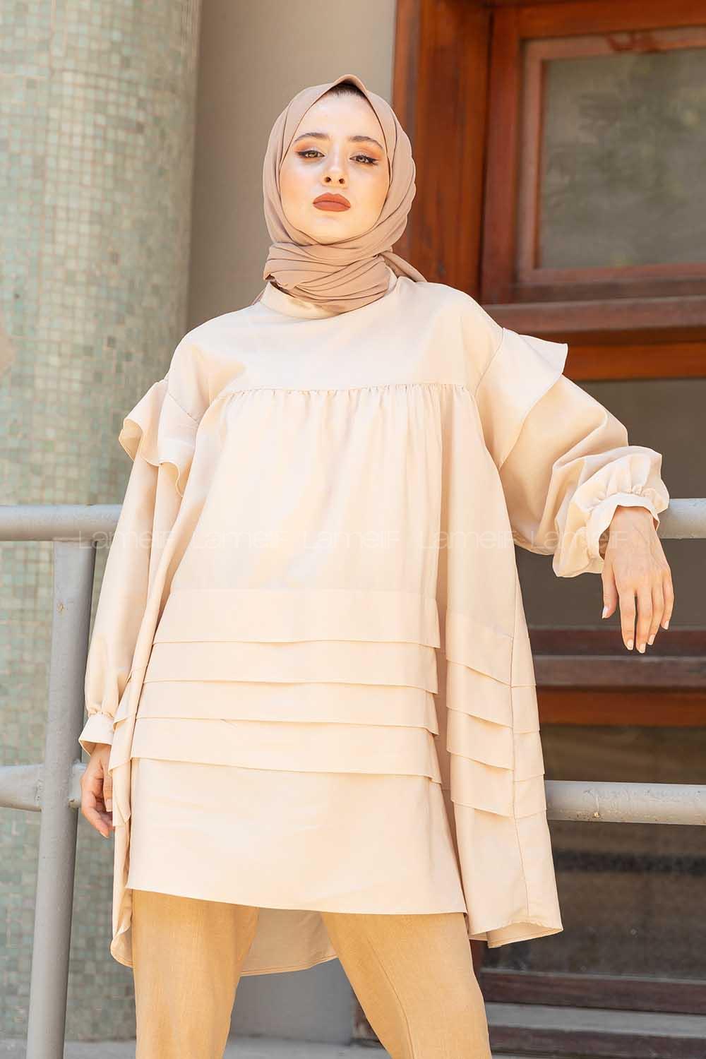 Modalamelif Önü Katlı Salaş Tunik Bej