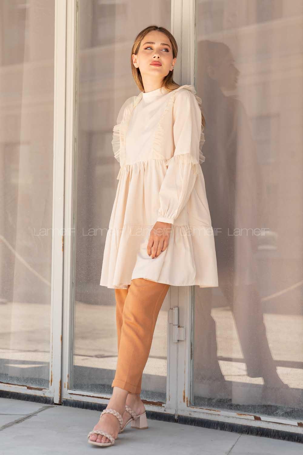 Modalamelif Önü Tül Fırfırlı Tunik  Bej