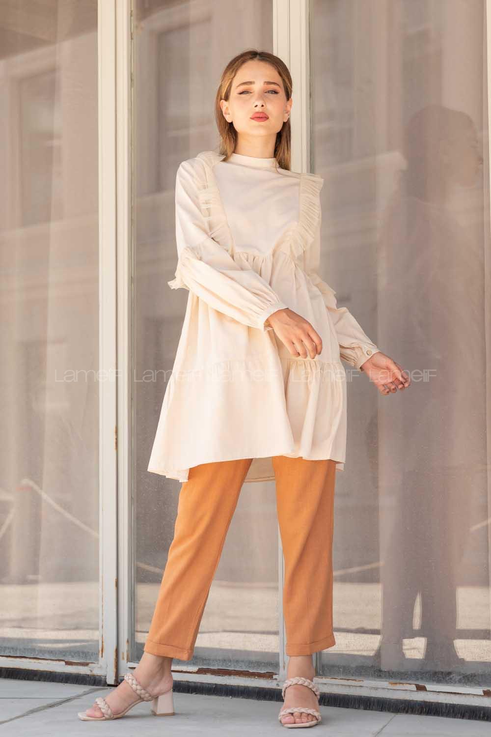 Modalamelif Önü Tül Fırfırlı Tunik  Bej