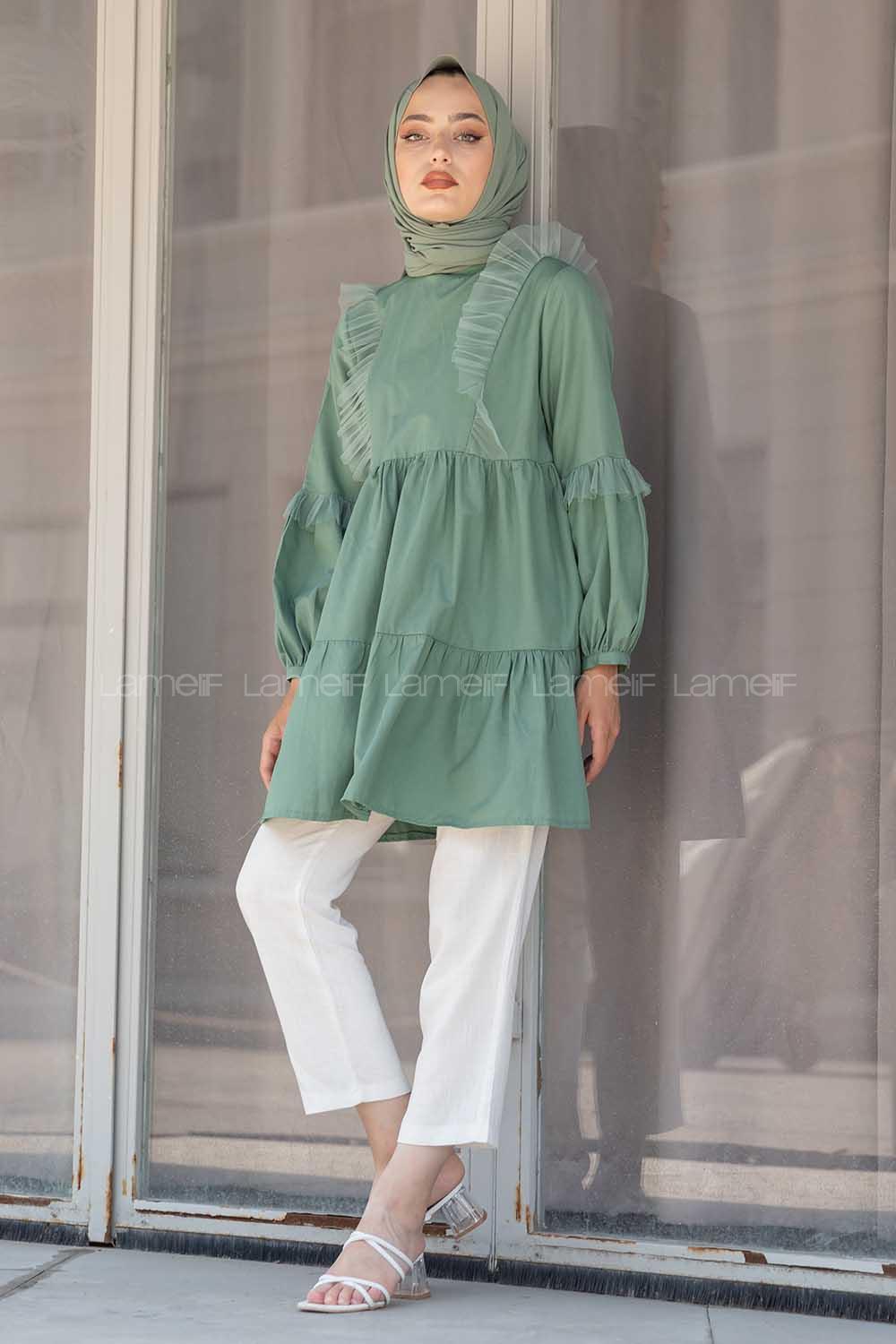 Modalamelif Önü Tül Fırfırlı Tunik Çağla