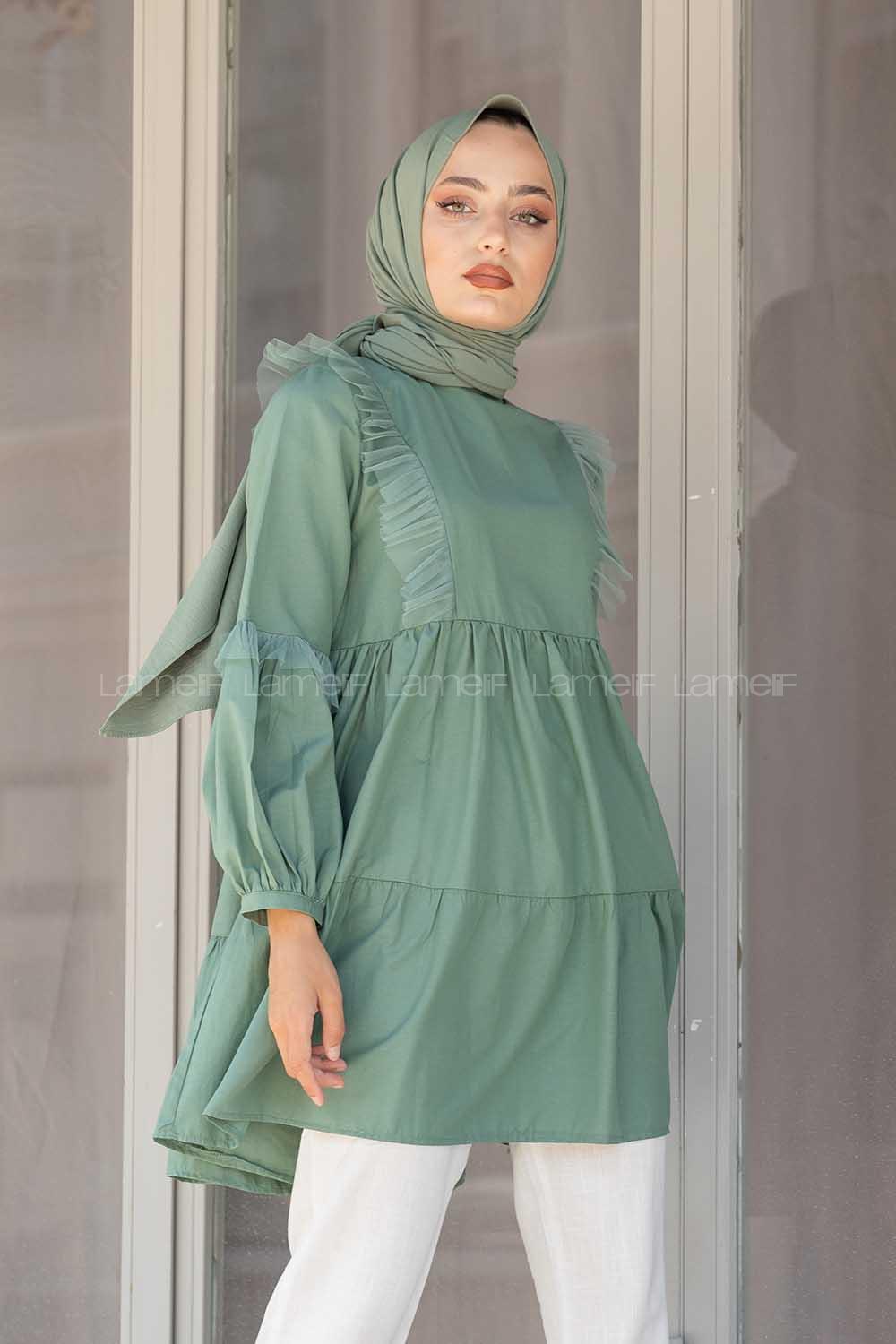 Modalamelif Önü Tül Fırfırlı Tunik Çağla