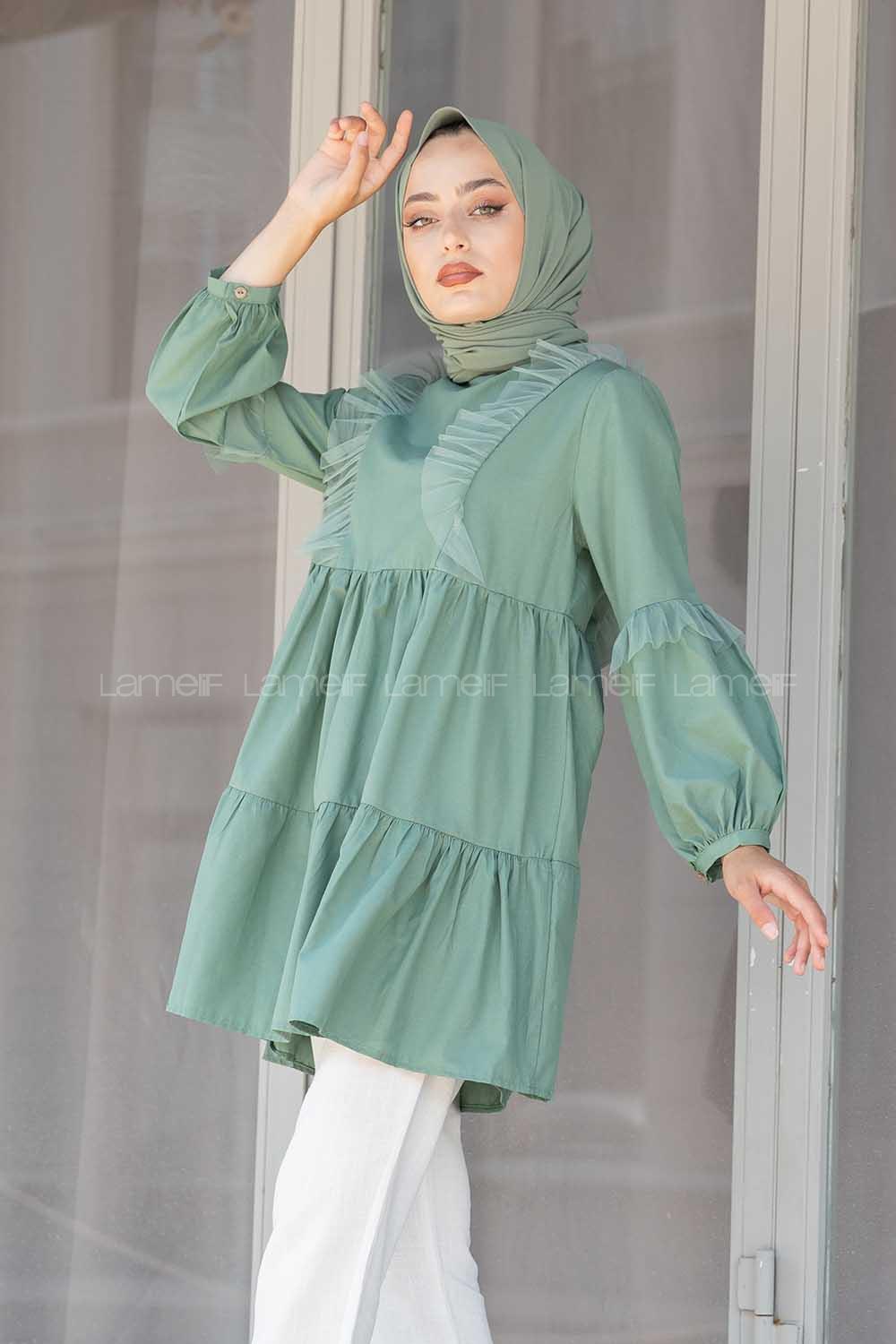 Modalamelif Önü Tül Fırfırlı Tunik Çağla