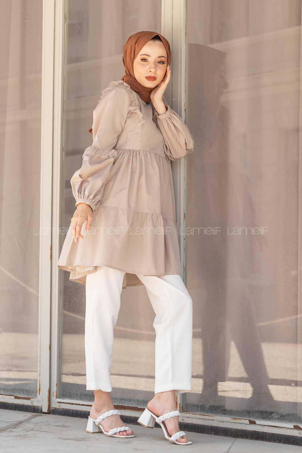 Modalamelif Önü Tül Fırfırlı Tunik Taş Rengi