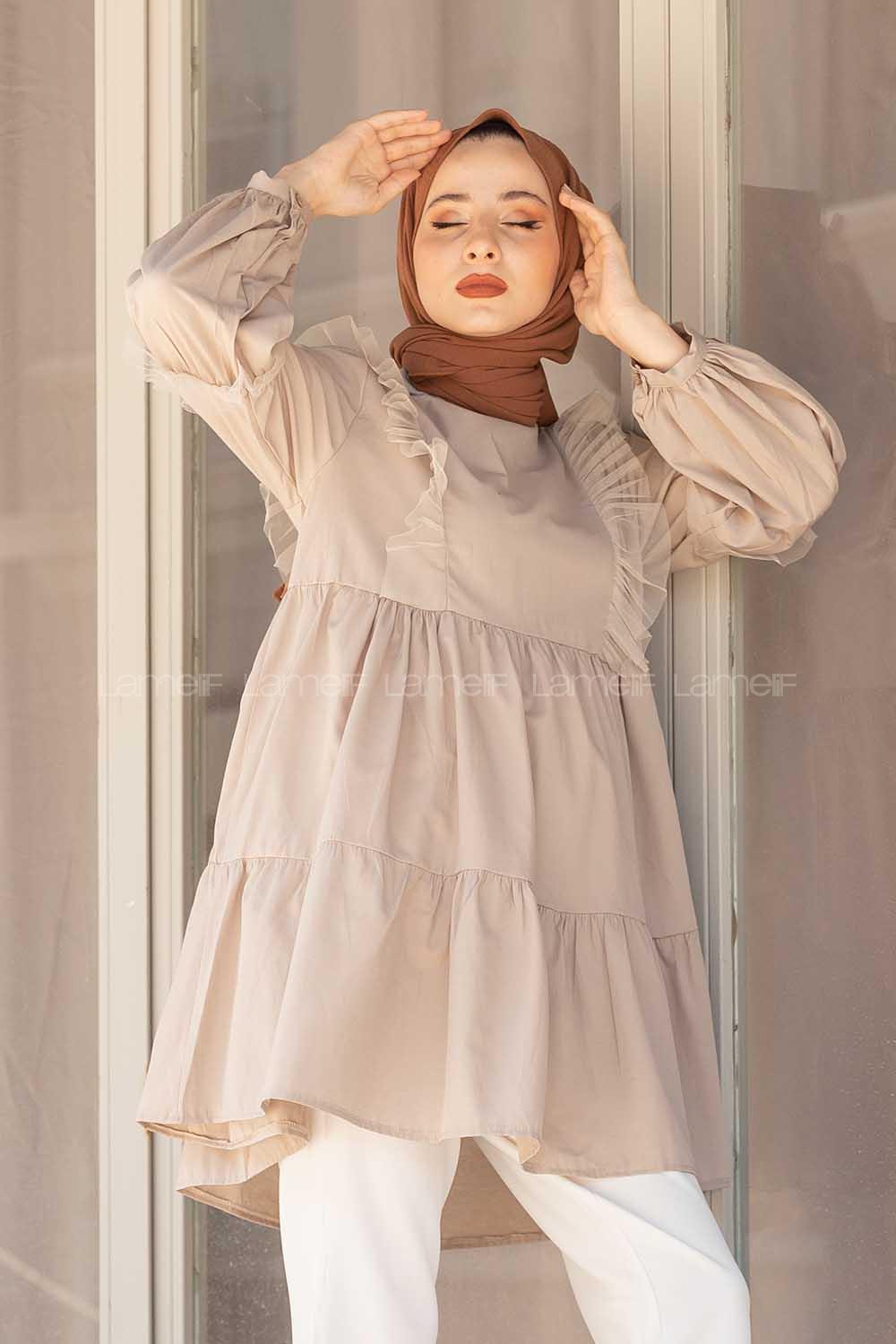 Modalamelif Önü Tül Fırfırlı Tunik Taş Rengi