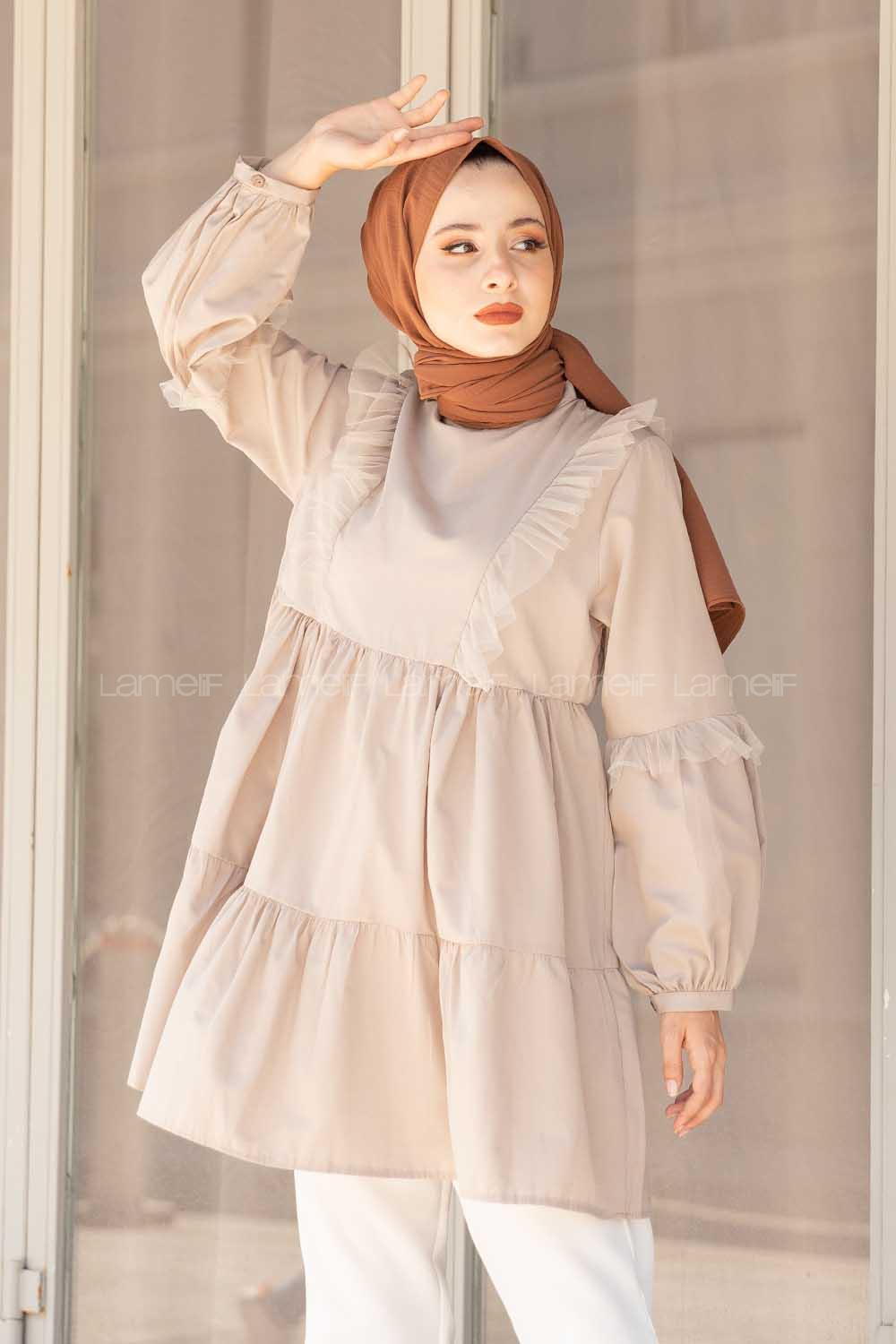 Modalamelif Önü Tül Fırfırlı Tunik Taş Rengi