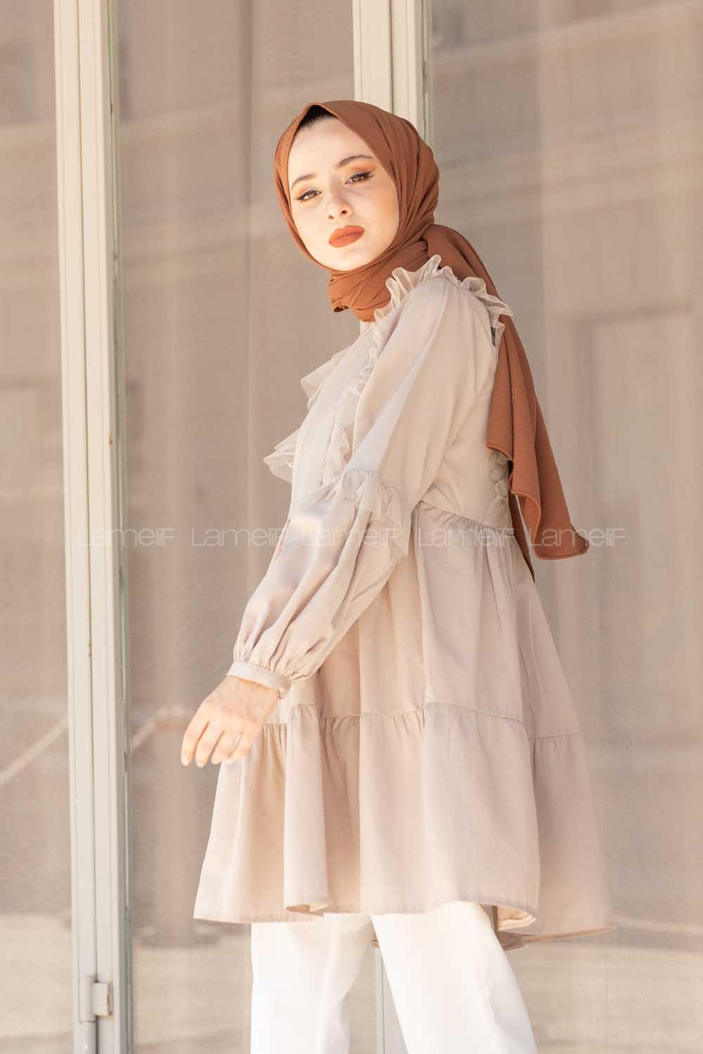 Modalamelif Önü Tül Fırfırlı Tunik Taş Rengi